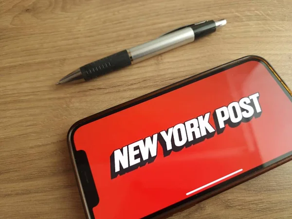 stock image Konskie, Poland - June 24, 2023: New York Post newspaper logo displayed on mobile phone screen