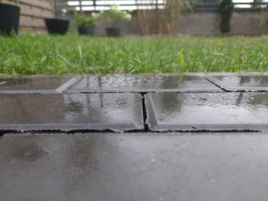 Kaldırıma düşen yağmur damlaları Bahçede, yakın plan