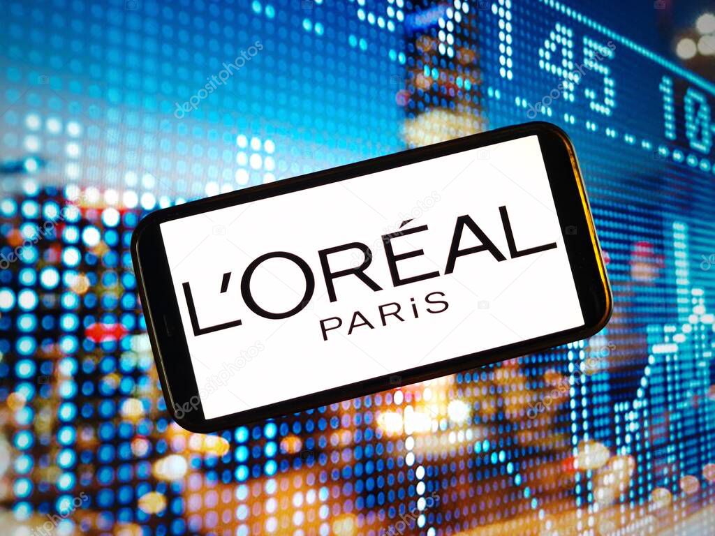 Konskie, Poland - January 04, 2024: L`Oreal company logo displayed on mobile phone screen