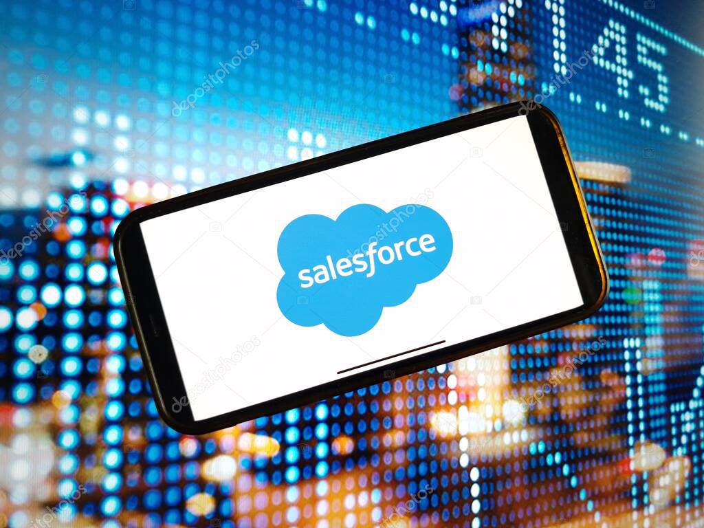 Konskie, Poland - January 04, 2024: Salesforce company logo displayed on mobile phone screen