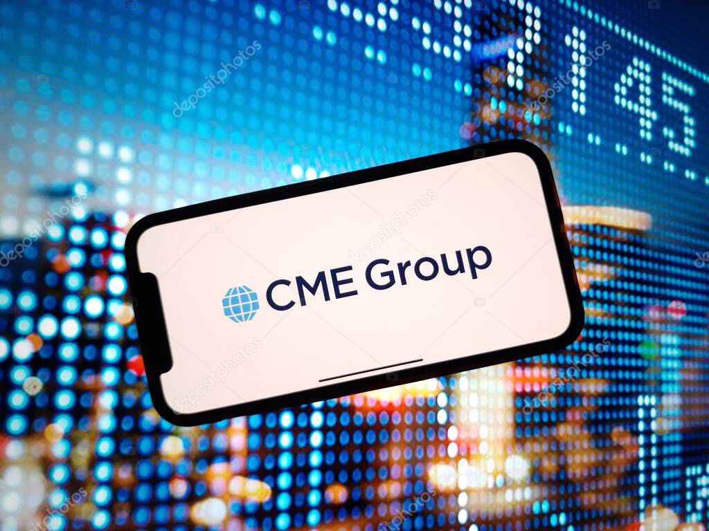 Konskie, Poland - January 07, 2024: CME Group company logo displayed on mobile phone screen