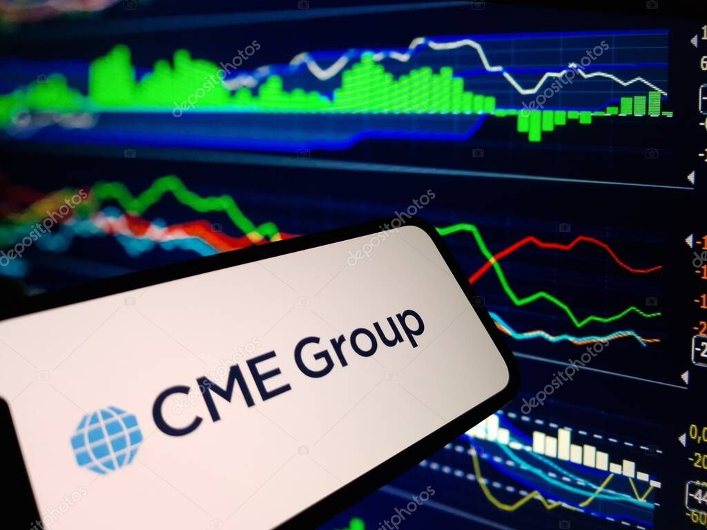 Konskie, Poland - January 07, 2024: CME Group company logo displayed on mobile phone screen