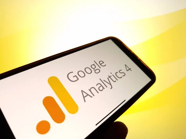 stock image Konskie, Poland - January 12, 2024: Google Analytics 4 logo displayed on mobile phone screen