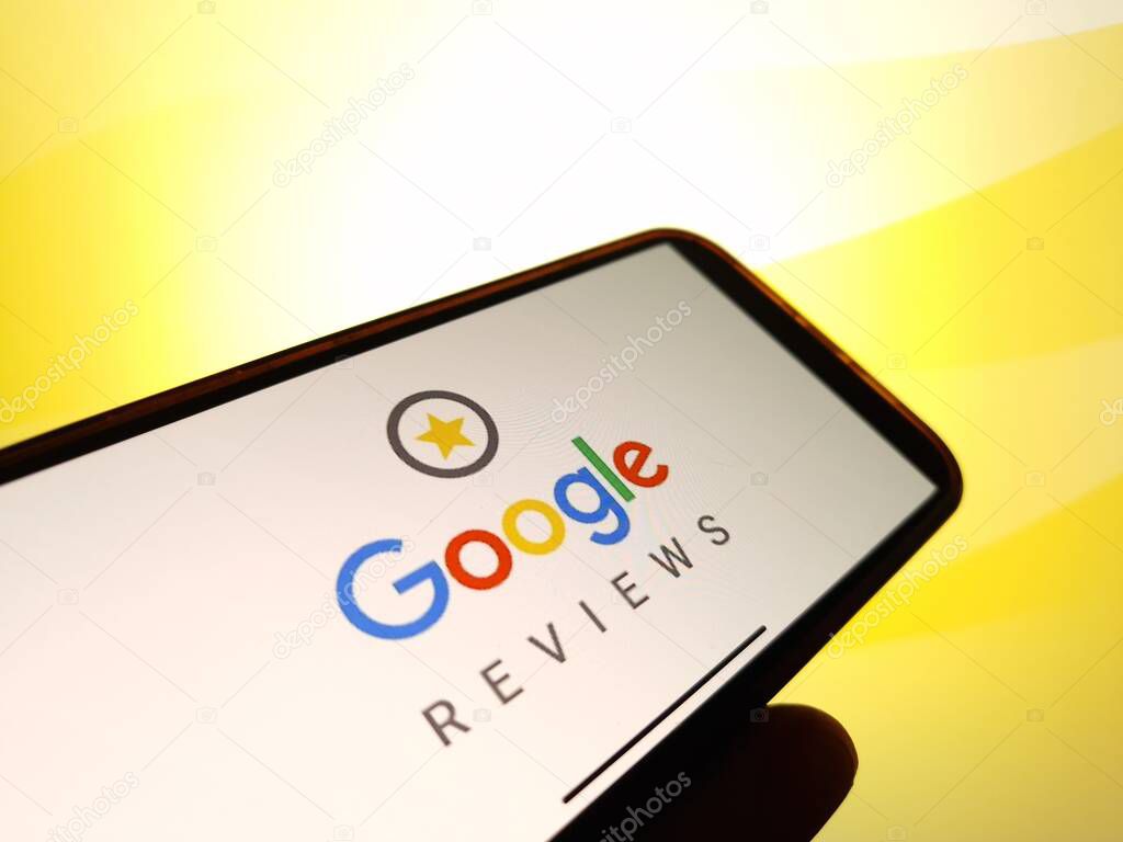 Konskie, Poland - January 12, 2024: Google Reviews logo displayed on mobile phone screen