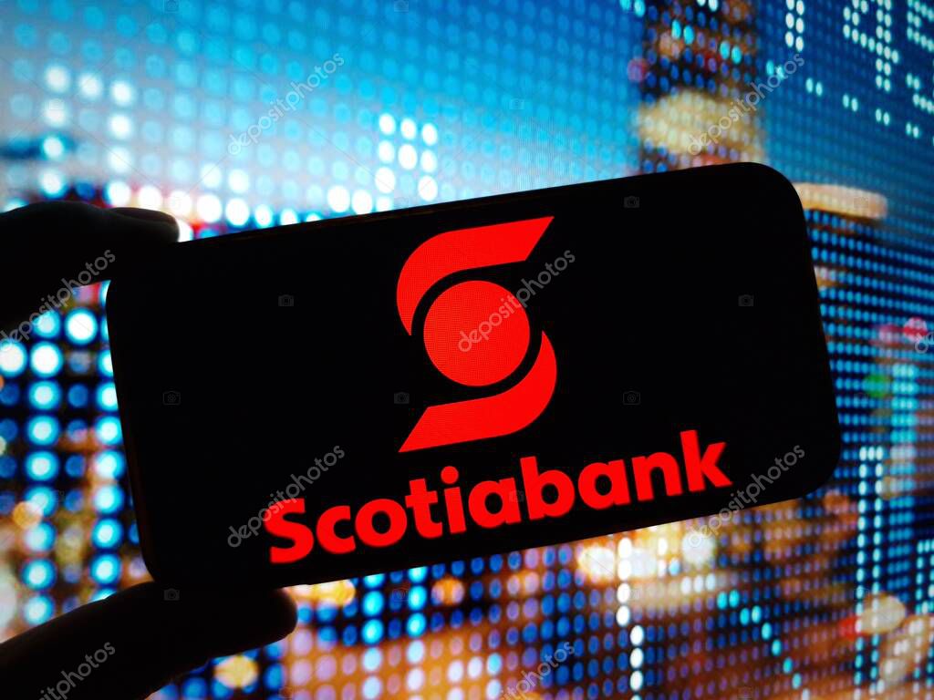 Konskie, Poland - January 13, 2024: Scotiabank company logo displayed on mobile phone screen