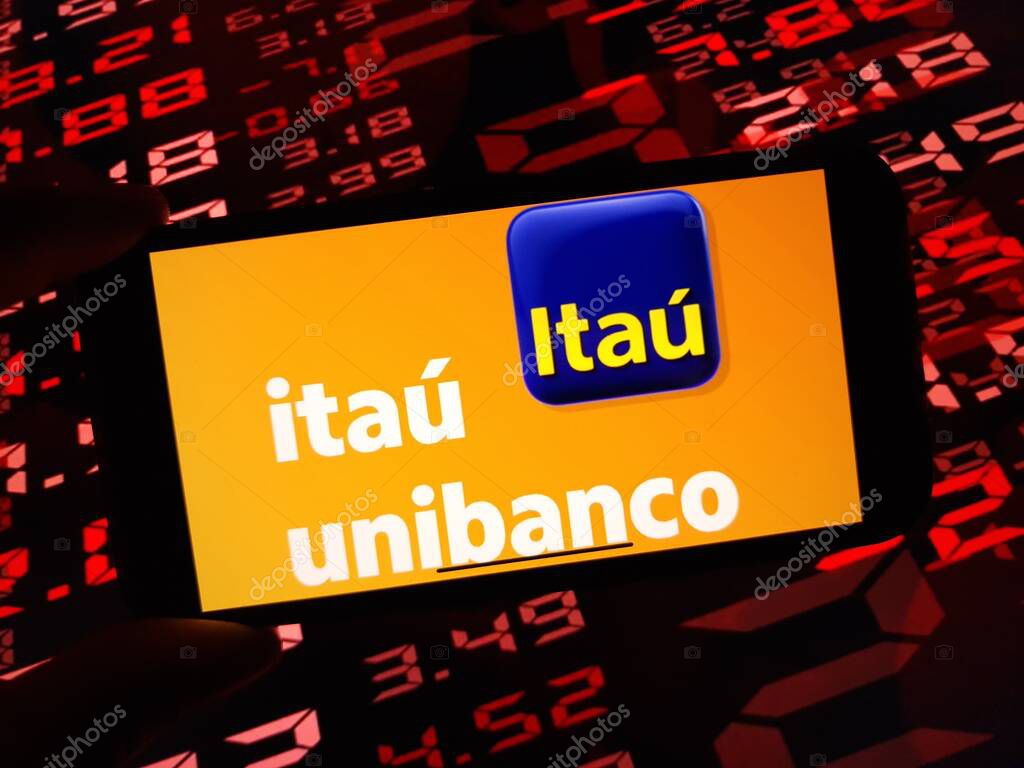 Konskie, Poland - January 16, 2024: Itau Unibanco company logo displayed on mobile phone screen