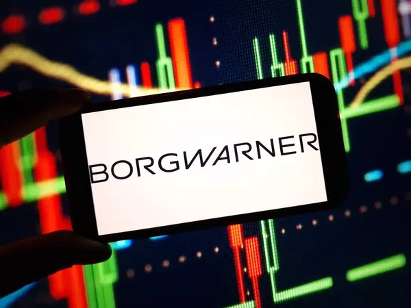 stock image Konskie, Poland - February 24, 2024: BorgWarner company logo displayed on mobile phone