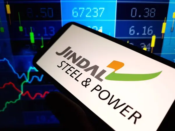 stock image Konskie, Poland - May 10, 2024: Jindal Steel and Power company logo displayed on mobile phone
