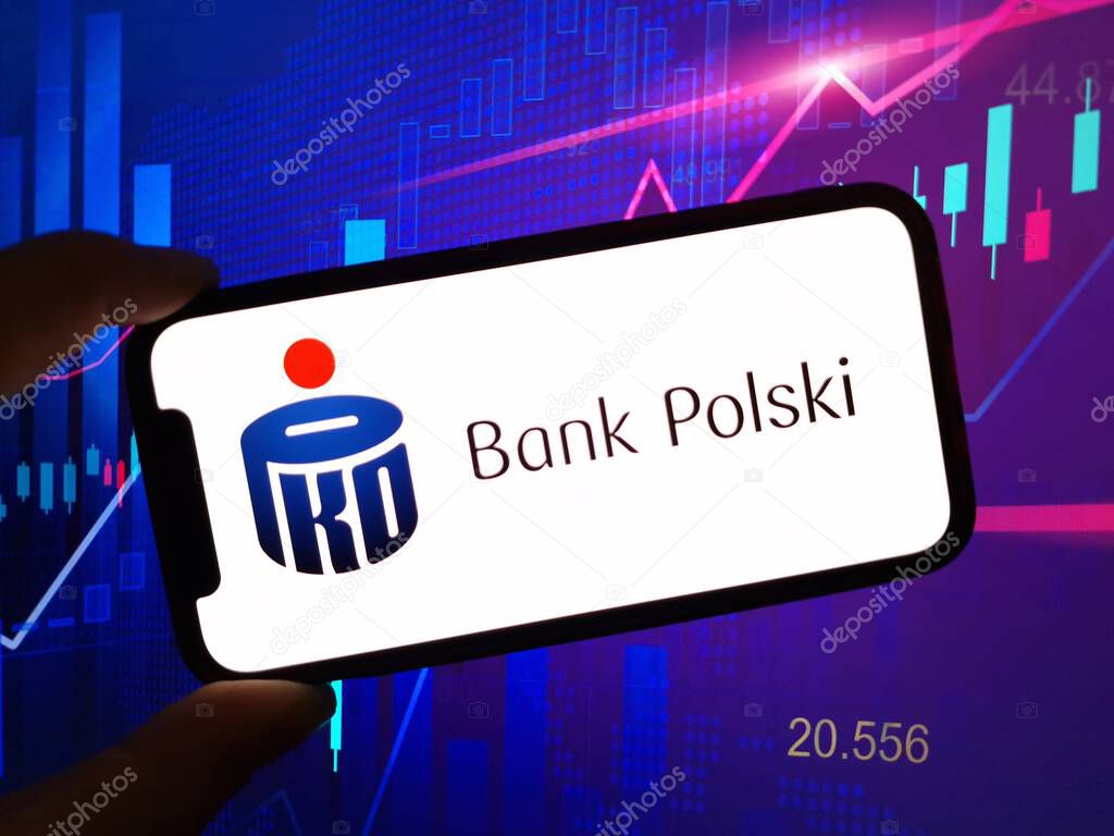 Konskie, Poland - May 10, 2024: PKO Bank Polski company logo displayed on mobile phone