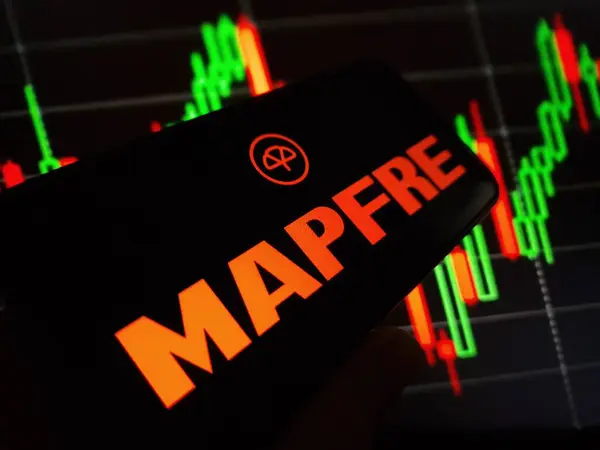 stock image Konskie, Poland - May 11, 2024: Mapfre company logo displayed on mobile phone