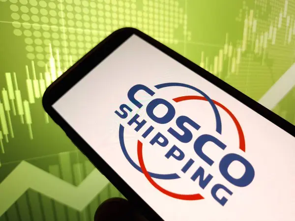 stock image Konskie, Poland - May 11, 2024: Cosco Shipping Development company logo displayed on mobile phone