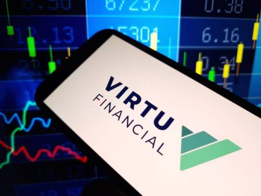 Konskie, Poland - May 12, 2024: Virtu Financial company logo displayed on mobile phone clipart