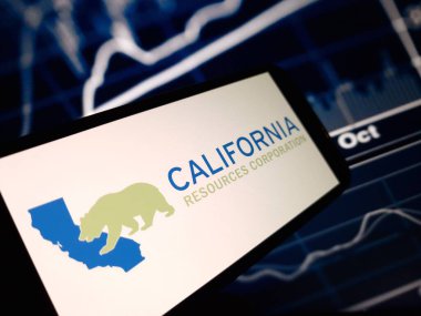 Konskie, Poland - May 26, 2024: California Resources Corporation company logo displayed on mobile phone clipart