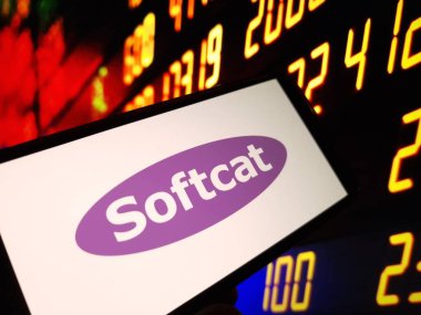 Konskie, Poland - May 29, 2024: Softcat company logo displayed on mobile phone clipart