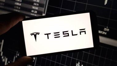 Konskie, Polonya - 10 Kasım 2024: Tesla şirket logosu cep telefonunda sergilendi