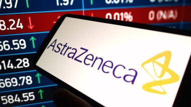 Konskie, Poland - November 10, 2024: AstraZeneca company logo displayed on mobile phone clipart