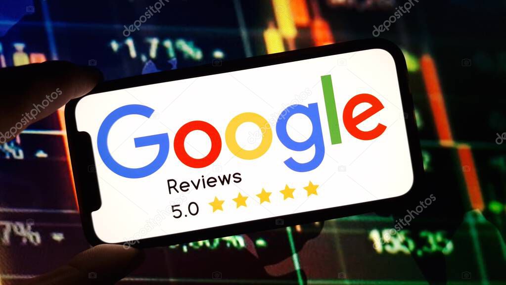 Konskie, Poland - November 10, 2024: Google Reviews logo displayed on mobile phone