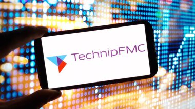 Konskie, Polonya - 14 Aralık 2024: TechnipFMC şirket logosu cep telefonunda sergilendi