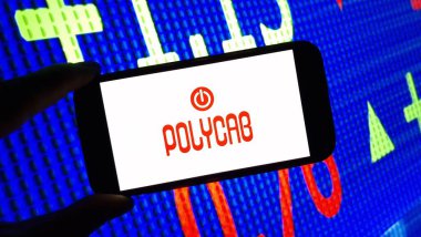 Konskie, Polonya - 14 Aralık 2024: Polycab India Limited şirket logosu cep telefonunda sergilendi