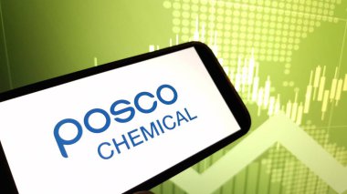 Konskie, Polonya - 14 Aralık 2024: POSCO Kimya Şirketi logosu cep telefonunda sergilendi