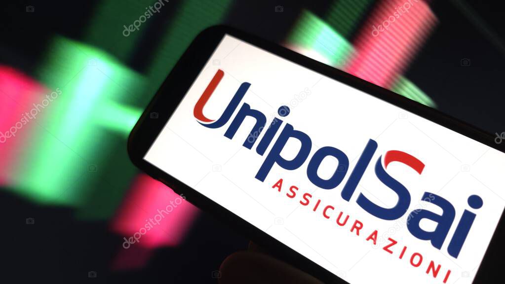 Konskie, Poland - February 20, 2025: UnipolSai Assicurazioni company logo displayed on mobile phone