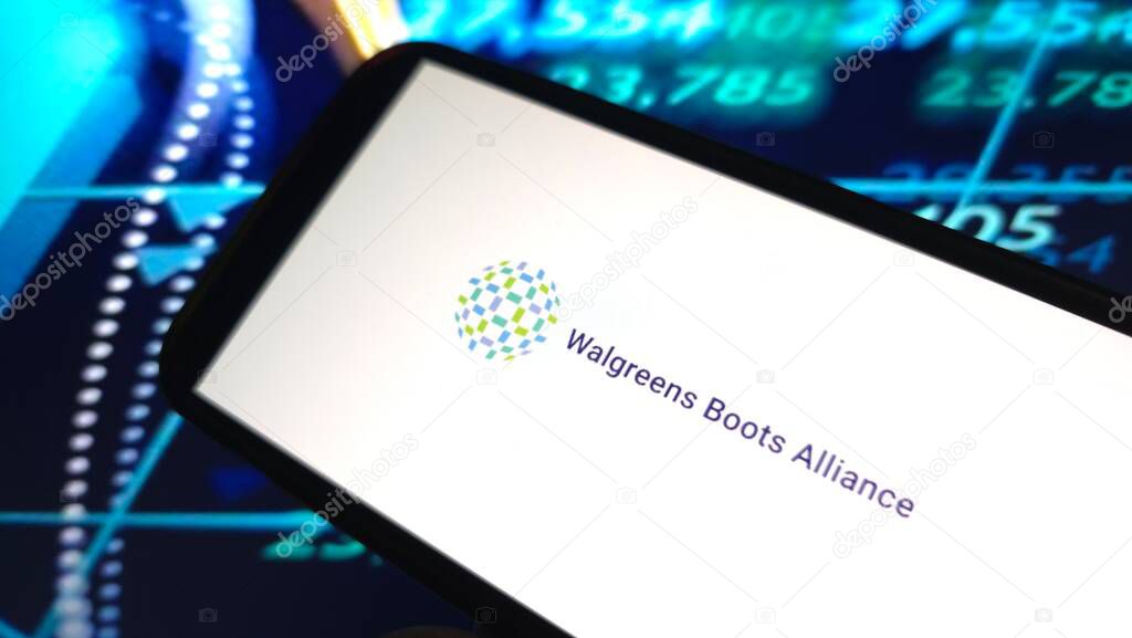 Konskie, Poland - February 20, 2025: Walgreens Boots Alliance company logo displayed on mobile phone