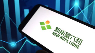 Konskie, Polonya - 03 Mart 2025: Yeni Umut Liuhe şirketi logosu cep telefonunda sergilendi