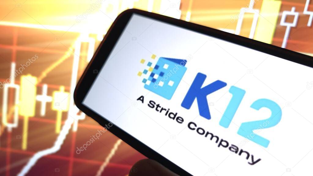 Konskie, Poland - April 11, 2025: K12 Education company logo displayed on mobile phone