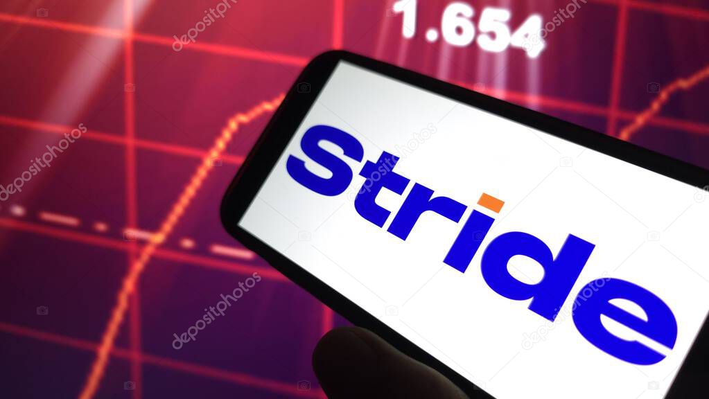 Konskie, Poland - April 11, 2025: Stride Inc company logo displayed on mobile phone