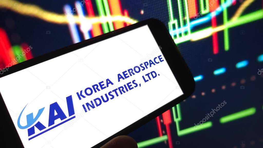 Konskie, Poland - April 12, 2025: Korea Aerospace Industries company logo displayed on mobile phone