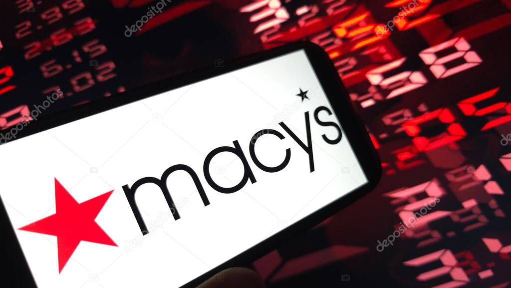 Konskie, Poland - April 12, 2025: Macy`s company logo displayed on mobile phone
