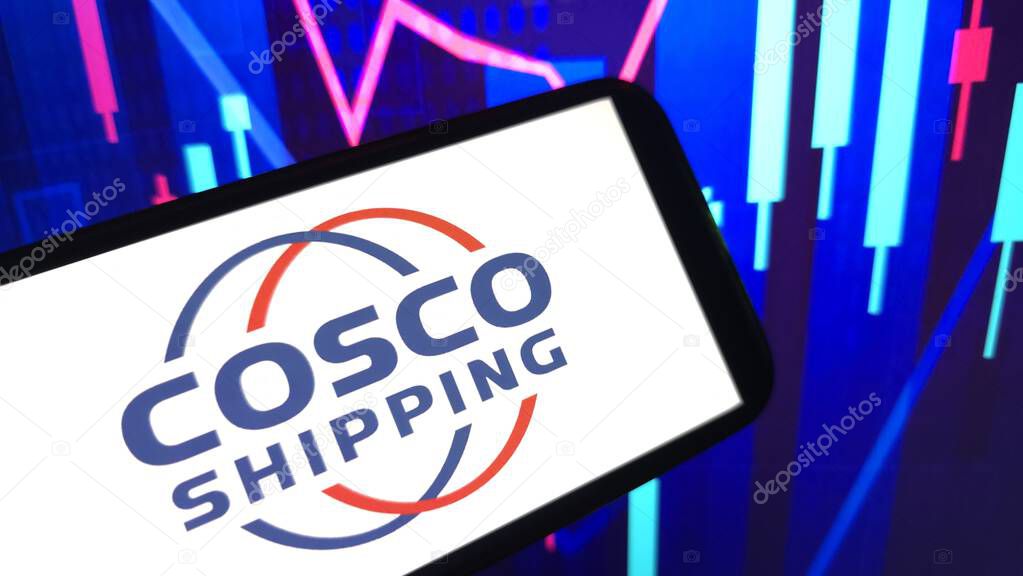 Konskie, Poland - April 12, 2025: COSCO Shipping Development company logo displayed on mobile phone