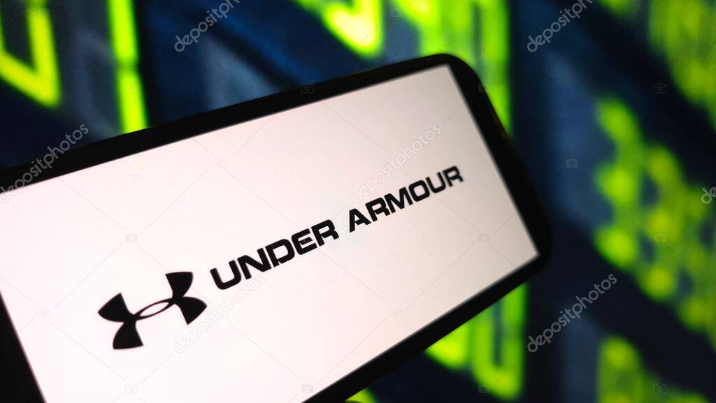 Konskie, Poland - May 03, 2025: Under Armour company logo displayed on mobile phone