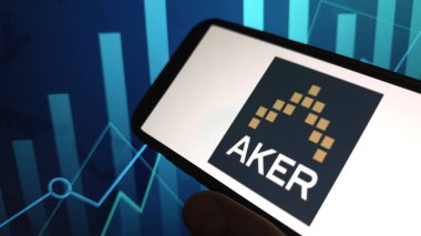 Konskie, Poland - June 20, 2025: Aker ASA company logo displayed on mobile phone