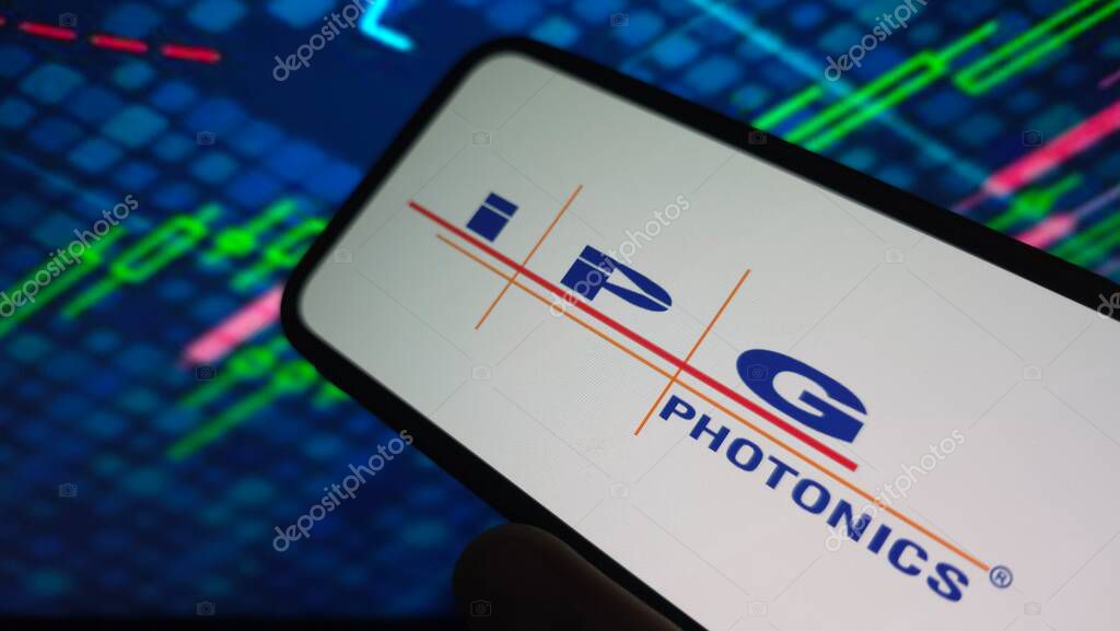 Konskie, Poland - June 29, 2025: IPG Photonics company logo displayed on mobile phone
