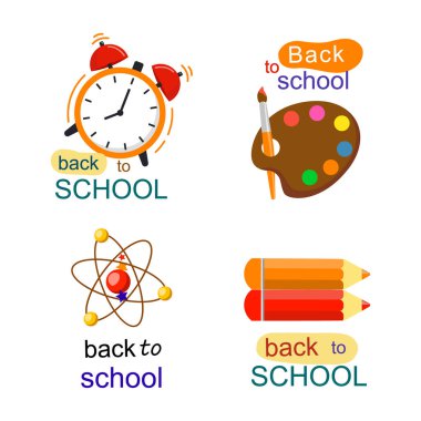 Colorful school-themed vector featuring a school building, globe, backpack, pencil, and bus. Ideal for educational materials, classroom posters, and kids learning projects.