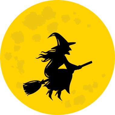 flying witch on broom with full moon, Halloween witch on broom flying in the night sky