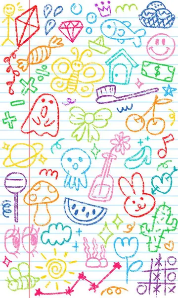 Colorful Crayon Doodle Drawings of Cute Cartoon Objects on Notebook Paper, Crayon drawing children style
