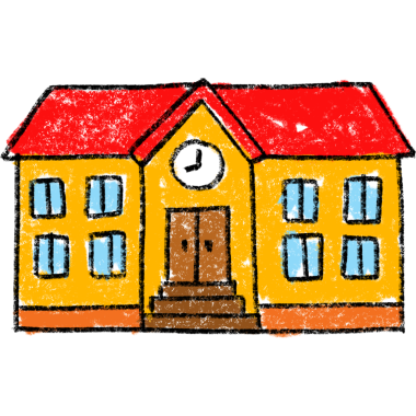 Childlike Crayon Drawing of a School Building with Red Roof and Yellow Walls, children drawing