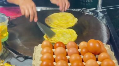 Roti on Hot Pan  Street Food Dessert, Thai Pancake Cooking Closeup