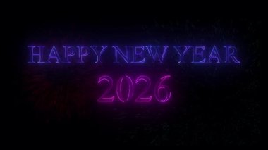 Yeni yılın kutlu olsun. Havai fişek gösterisiyle neon ışıkları animasyonu.