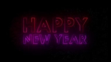 Havai fişeklerle dolu canlı neon ışıklı yeni yıl metin animasyonu karanlık bir arkaplanda parıldıyor