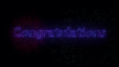 Koyu arkaplanda patlayan havai fişek efektiyle parıldayan neon tebrikleri içeren metin animasyonu