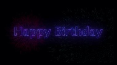 Siyah arkaplanda renkli havai fişek gösterimi ile mutlu yıllar neon metin canlandırması