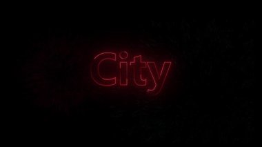 Dinamik kırmızı neon şehir metin animasyonu soyut ışık çizgileri ile koyu arkaplan