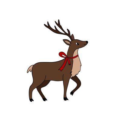 Cute Christmas reindeer illustration, Santa Clauss holiday deer with festive decorations