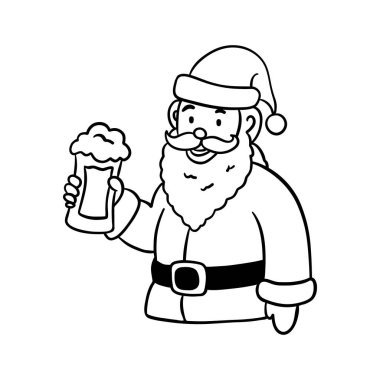 Christmas coloring page of Santa Claus holding a hot drink. Fun and simple outline illustration perfect for childrens activities