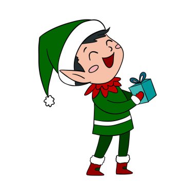 Cute Christmas elf in festive outfit with holiday decorations. Cheerful and cozy New Year character full of holiday spirit