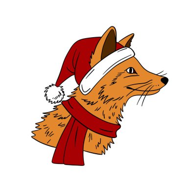 Cute Christmas fox in festive style with holiday decorations. Cheerful and cozy New Year character