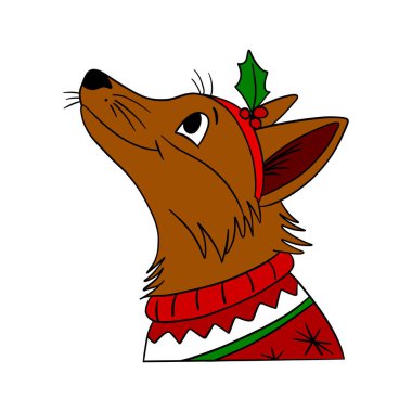 Cute Christmas fox in festive style with holiday decorations. Cheerful and cozy New Year character